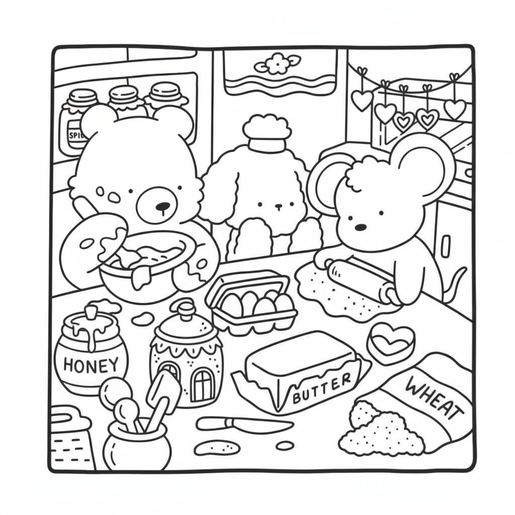 Desenho Cozy Friends na cozinha para colorir