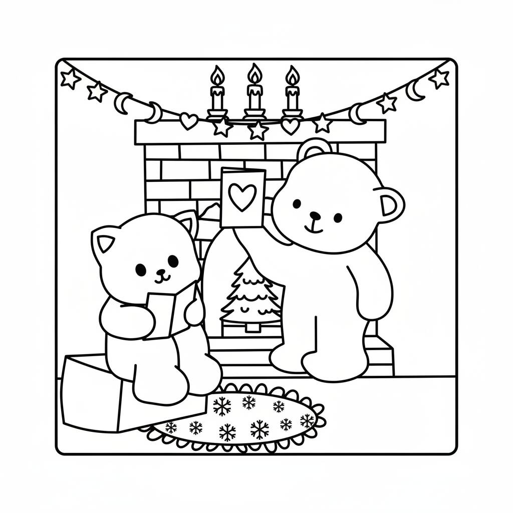 Cozy Friends coloring page on the fireplace