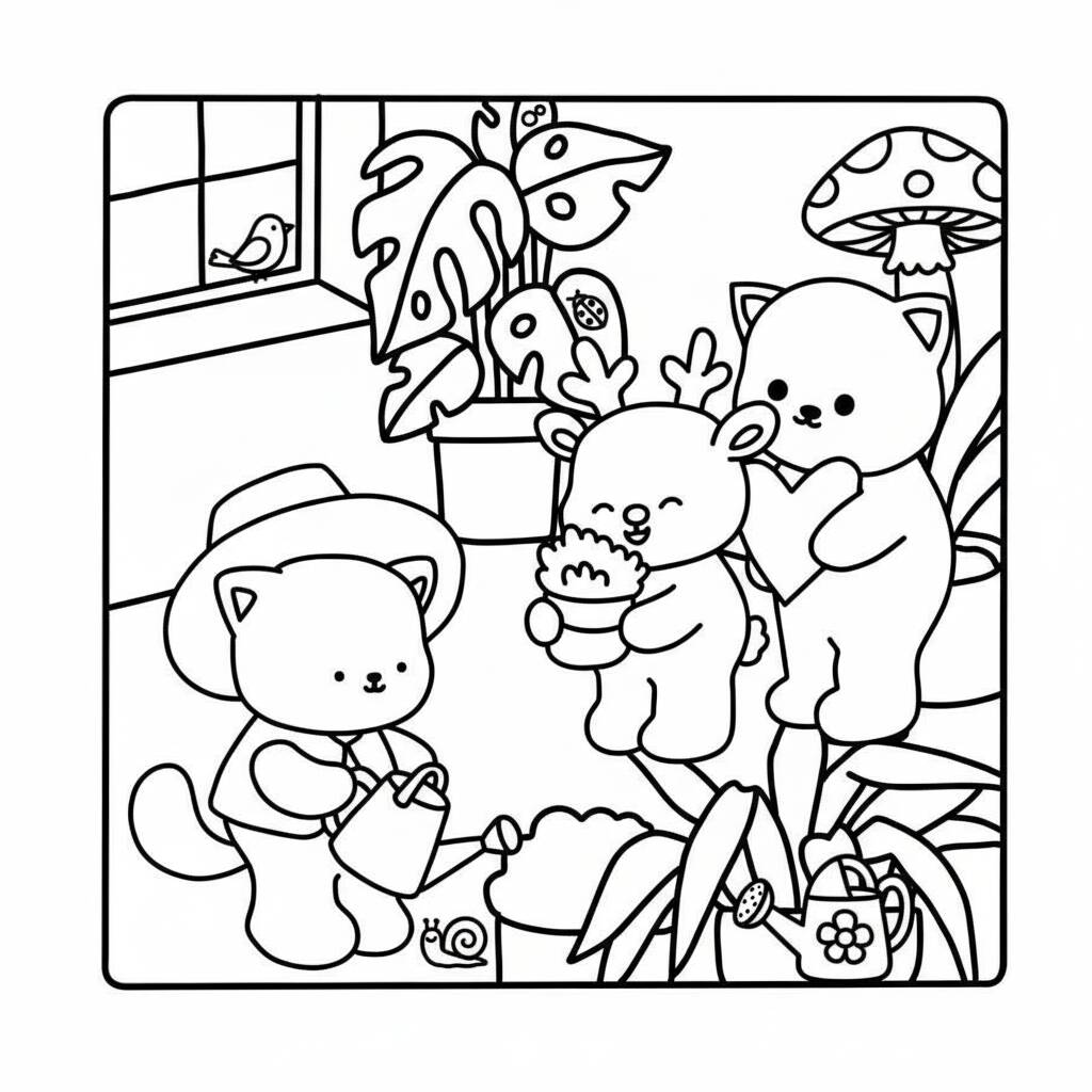 Desenho Cozy Friends no jardim para colorir