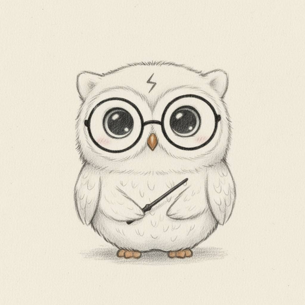Desenho Fofo: coruja mágica com óculos e varinha