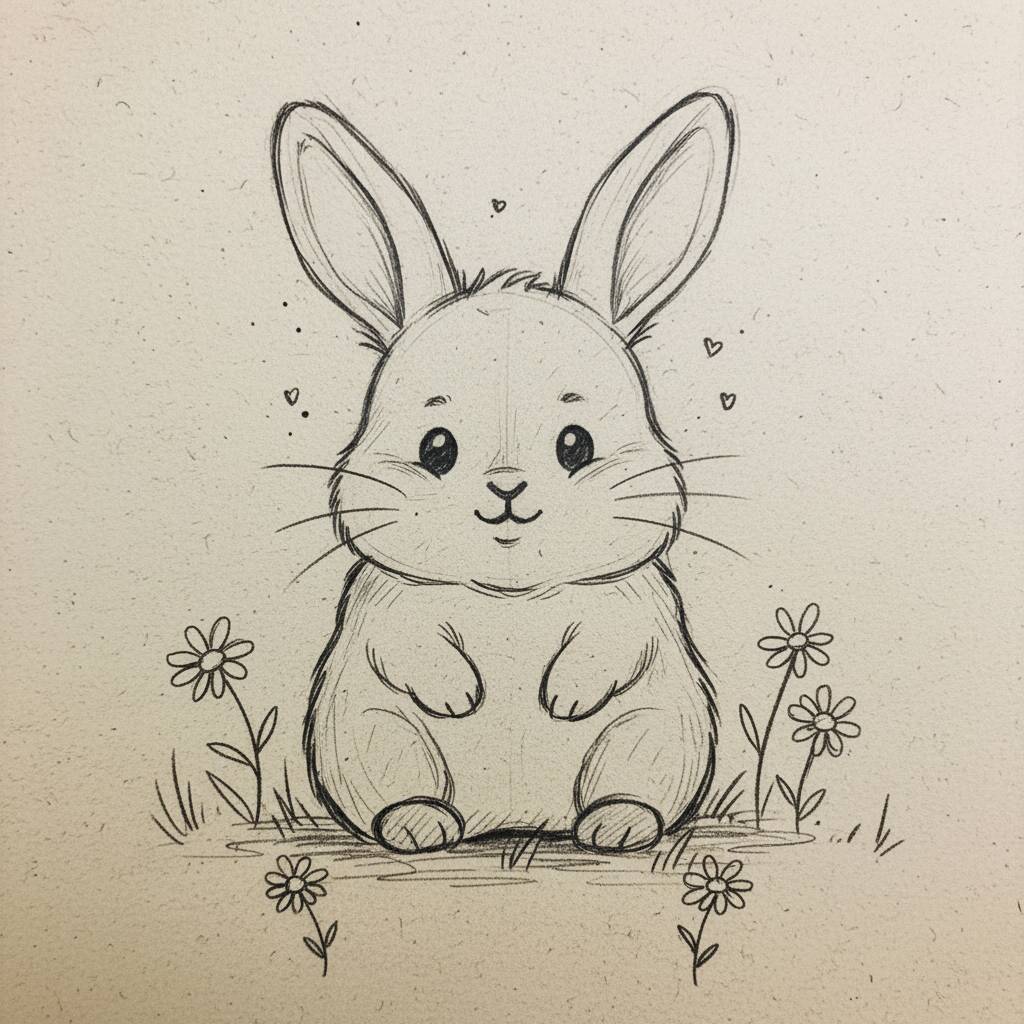 Desenho Fofo de um coelhinho adorável com flores ao redor