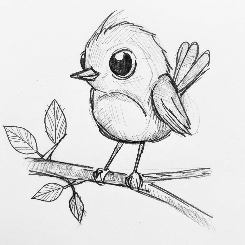 Desenho Fofo de um passarinho em um galho