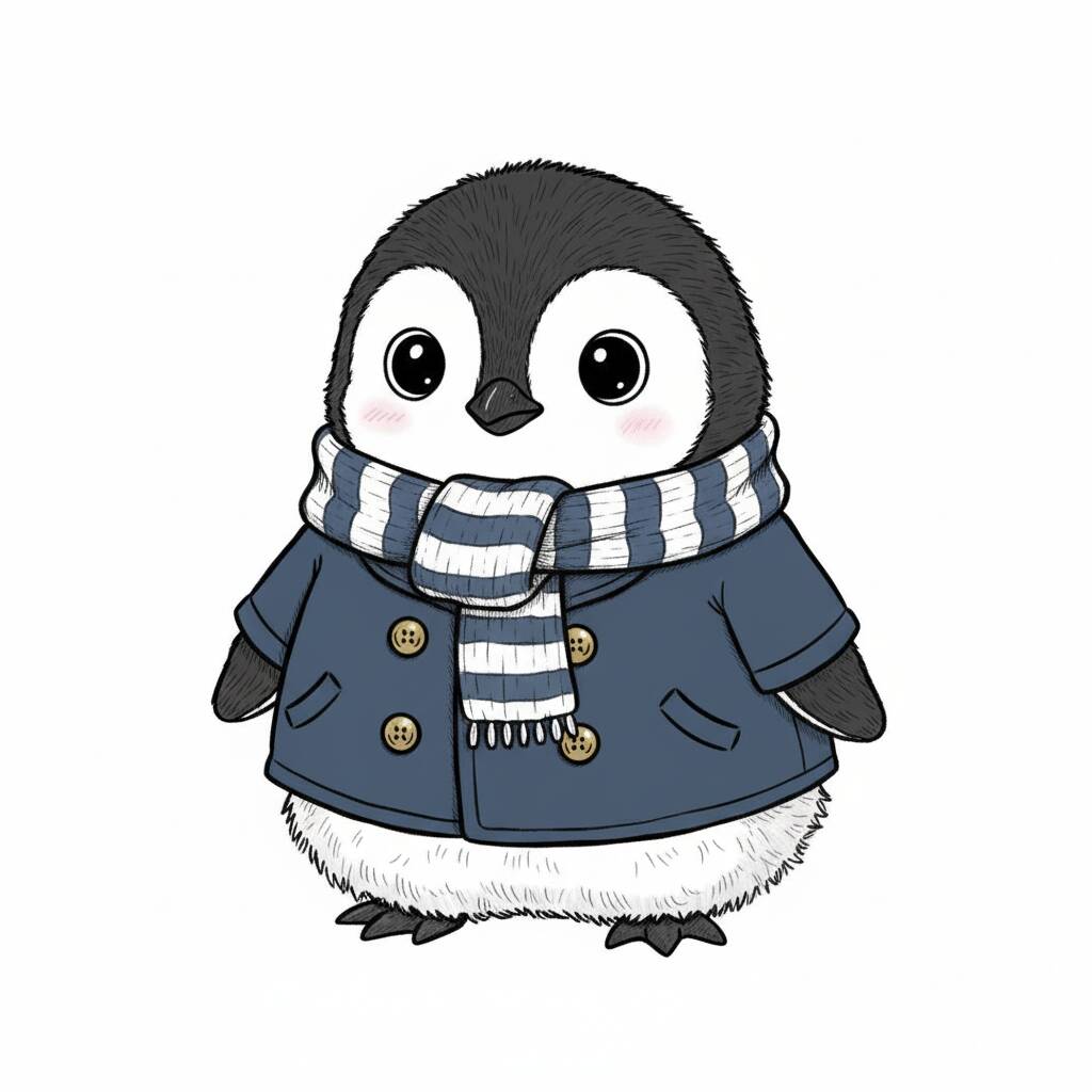 Desenho Fofo de um pinguim adorável usando um cachecol