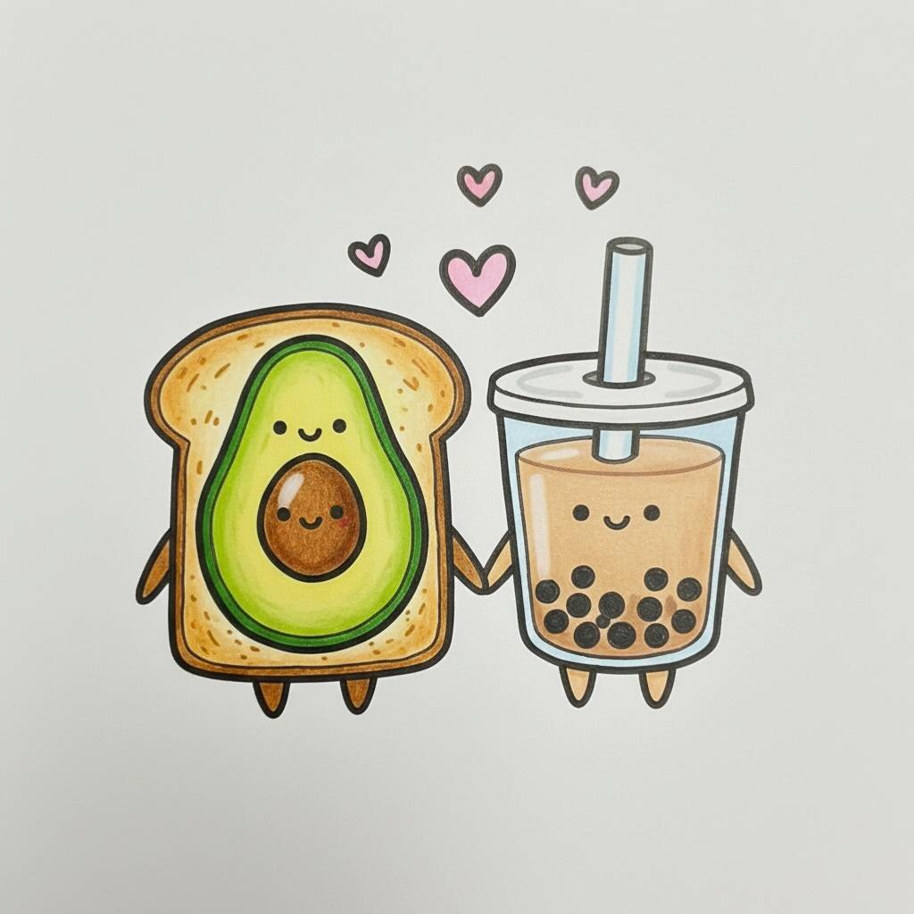 Desenho Fofo de um sanduíche de abacate segurando a mão de uma bebida com bolinhas