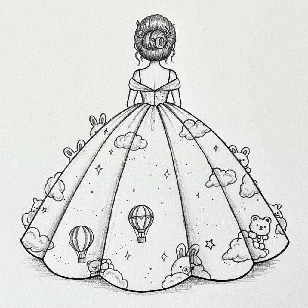 Desenho Fofo de uma princesa com um vestido decorado com nuvens e ursos