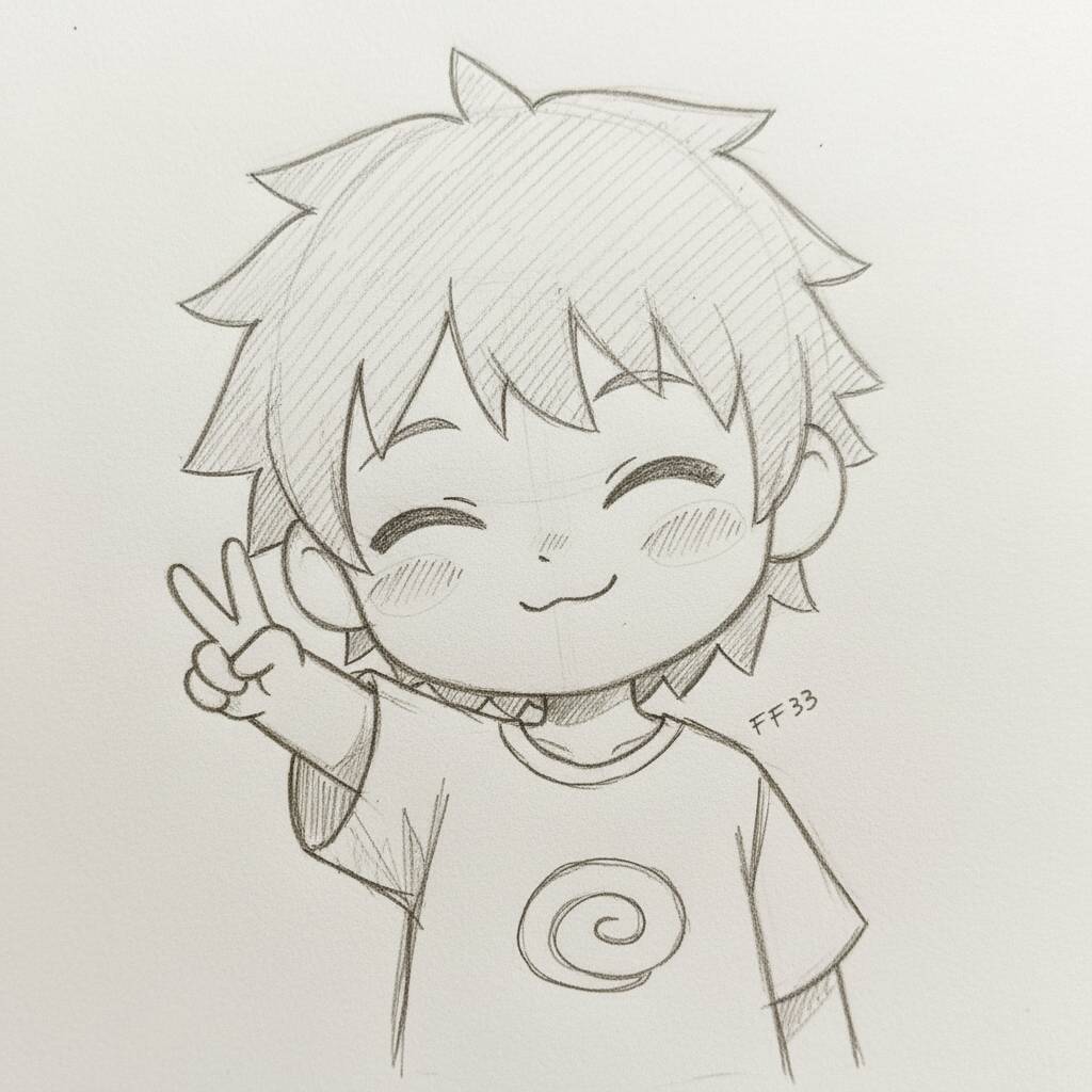 Desenho Fofo: desenho fácil de um menino sorridente fazendo sinal de paz