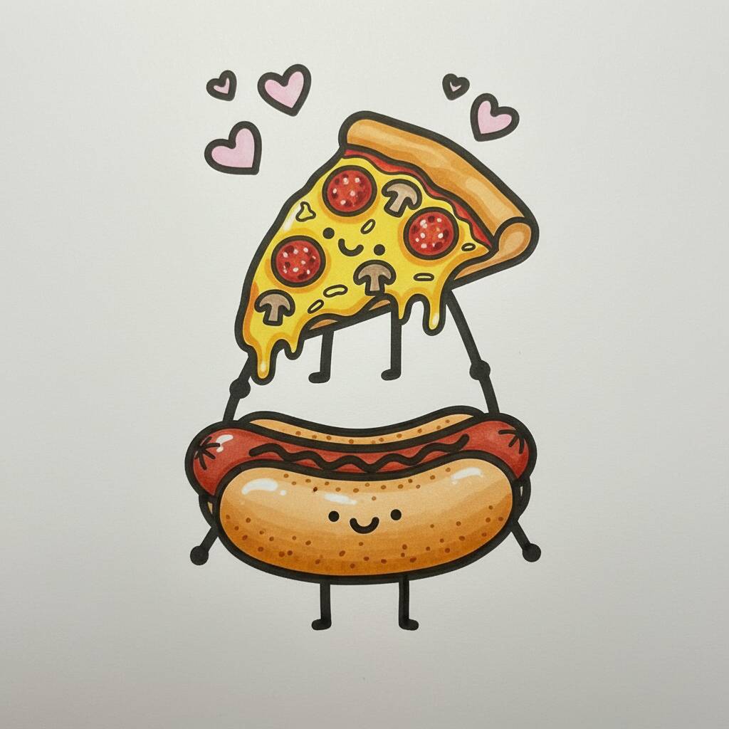 Desenho Fofo: pizza e cachorro-quente animados para colorir