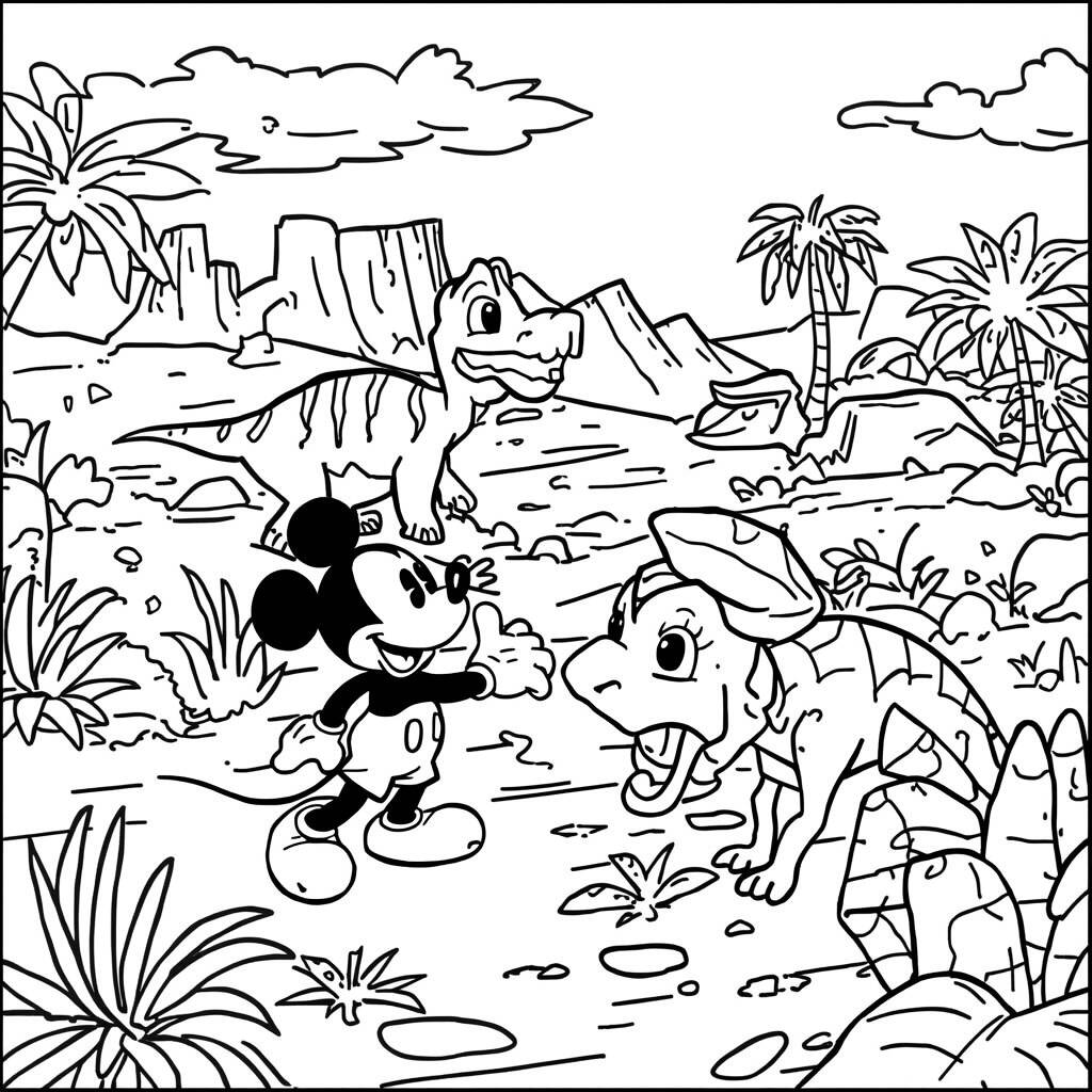 Desenho Mickey Mouse e os Dinossauros para Colorir