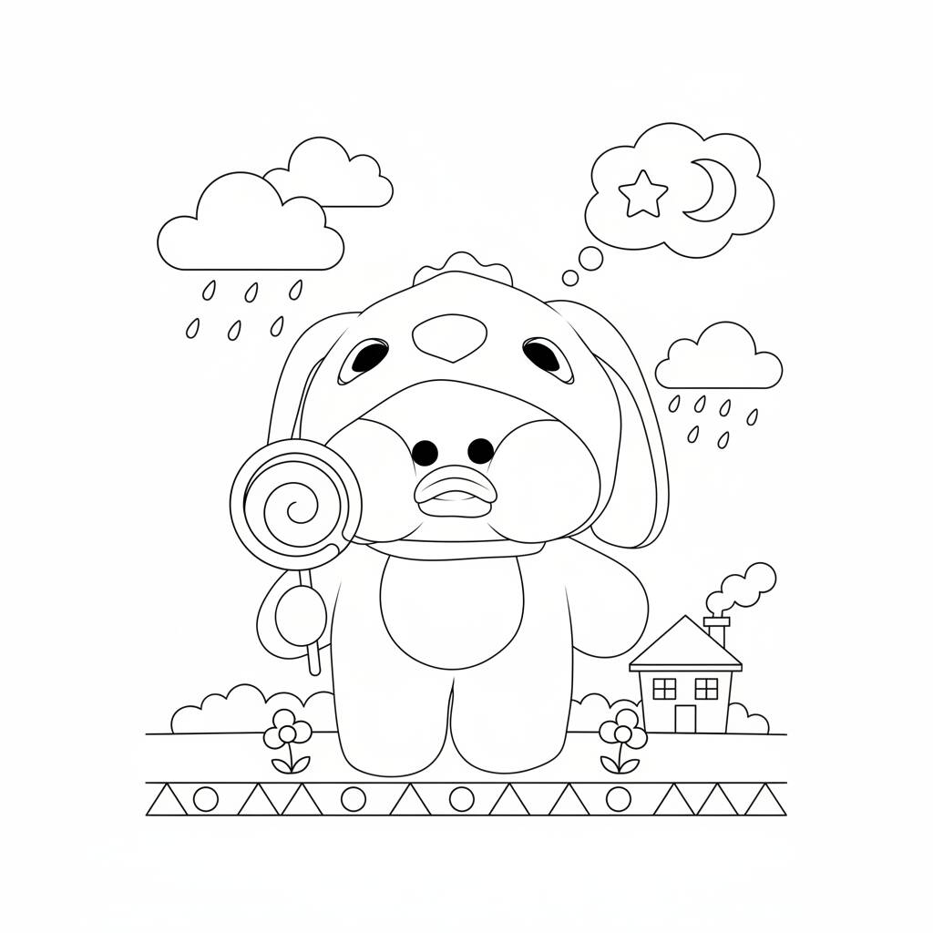 Desenho Paper Duck com doce e nuvens para colorir (Imprimir)