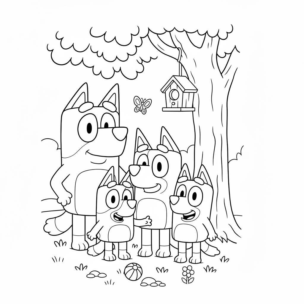Desenho da Bluey com a família para colorir