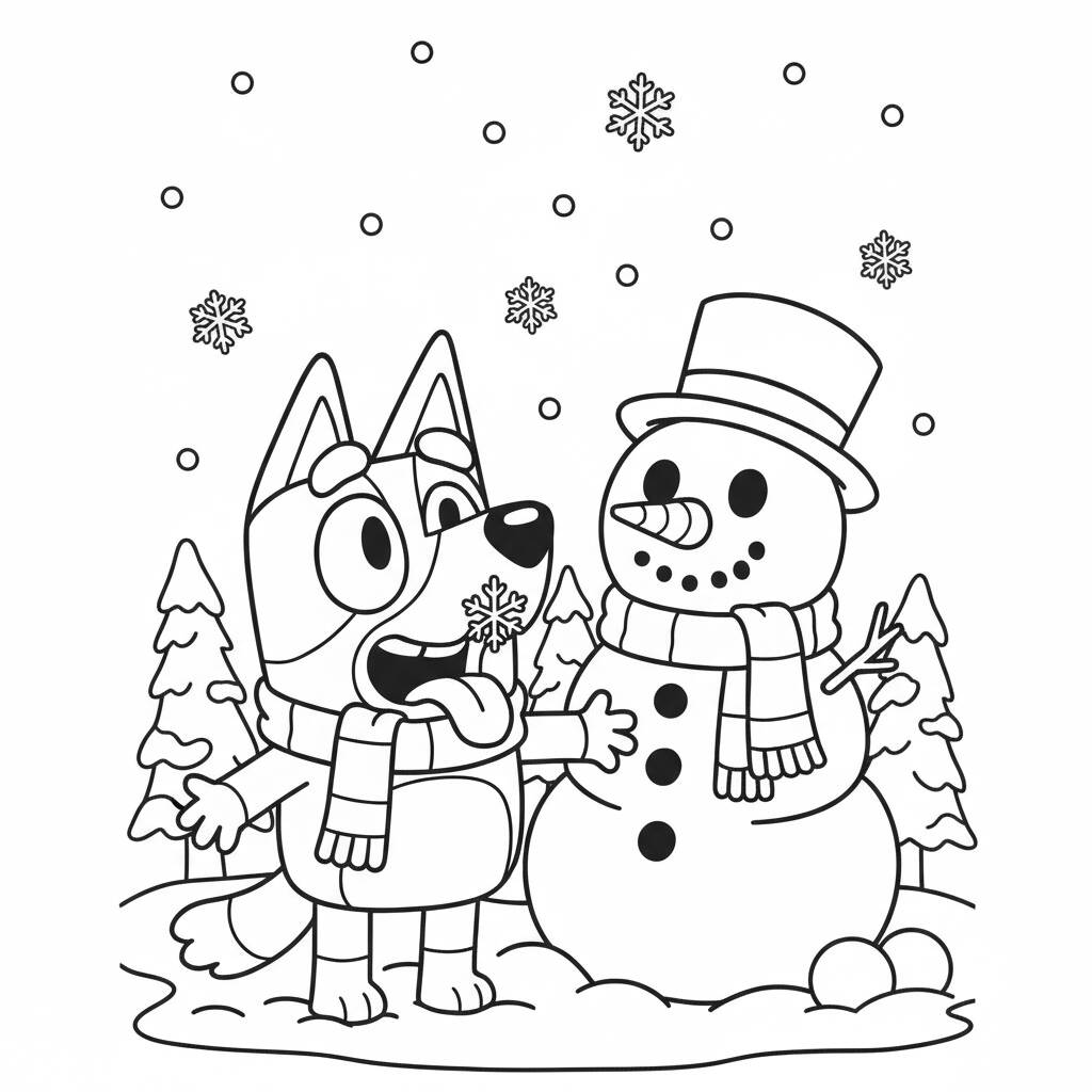 Bluey and the snowman coloring page