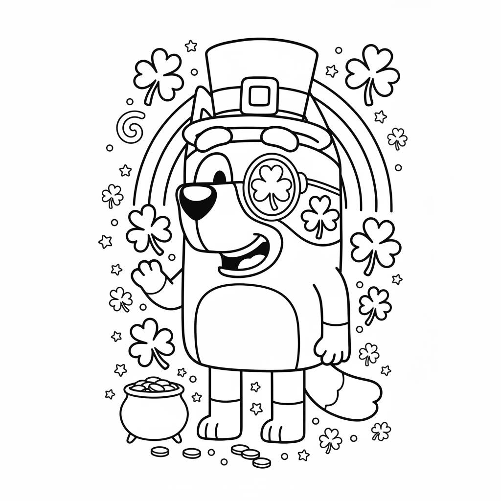 Desenho da Bluey comemorando o Dia de São Patrício para colorir