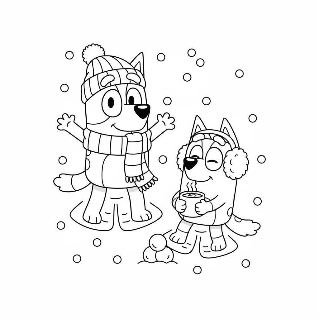 Desenho da Bluey e Bingo Brincando na Neve para colorir (Desenho para Colorir)