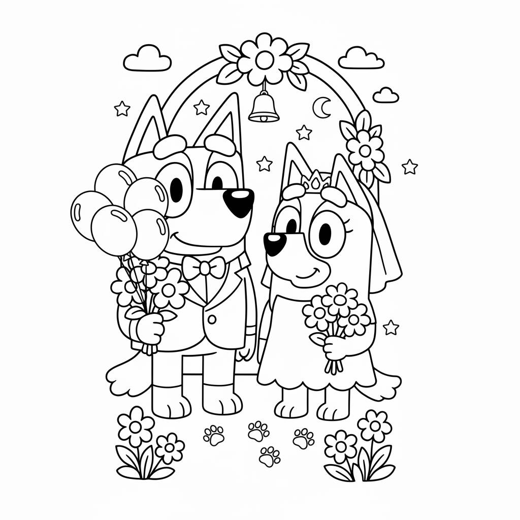 Desenho da Bluey e Bingo em um casamento para colorir