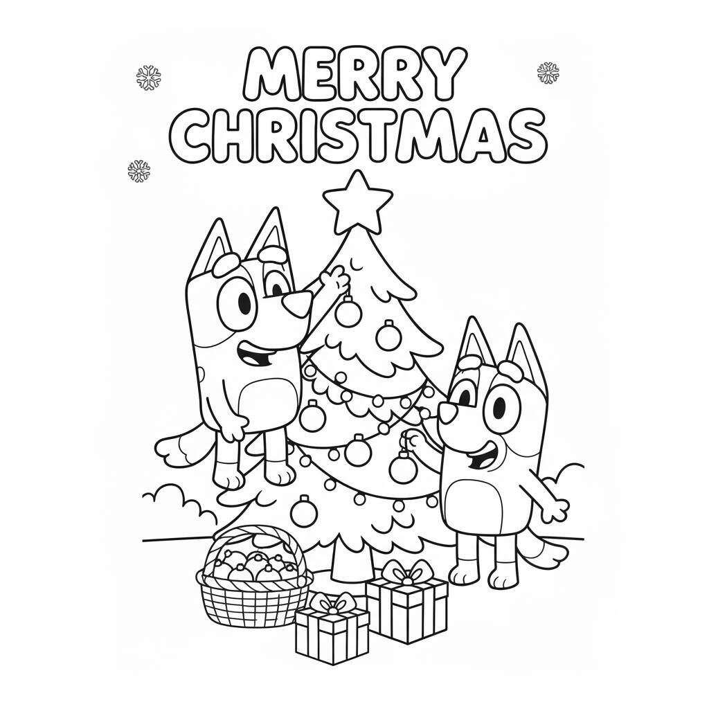 Desenho da Bluey e Bingo no Natal para colorir
