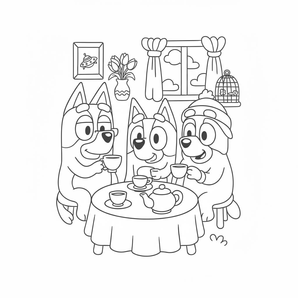 Desenho da Bluey e seus amigos tomando chá para colorir (Desenho para Colorir)