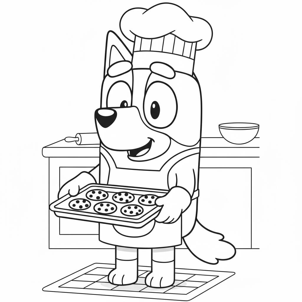 Desenho da Bluey fazendo biscoitos para colorir