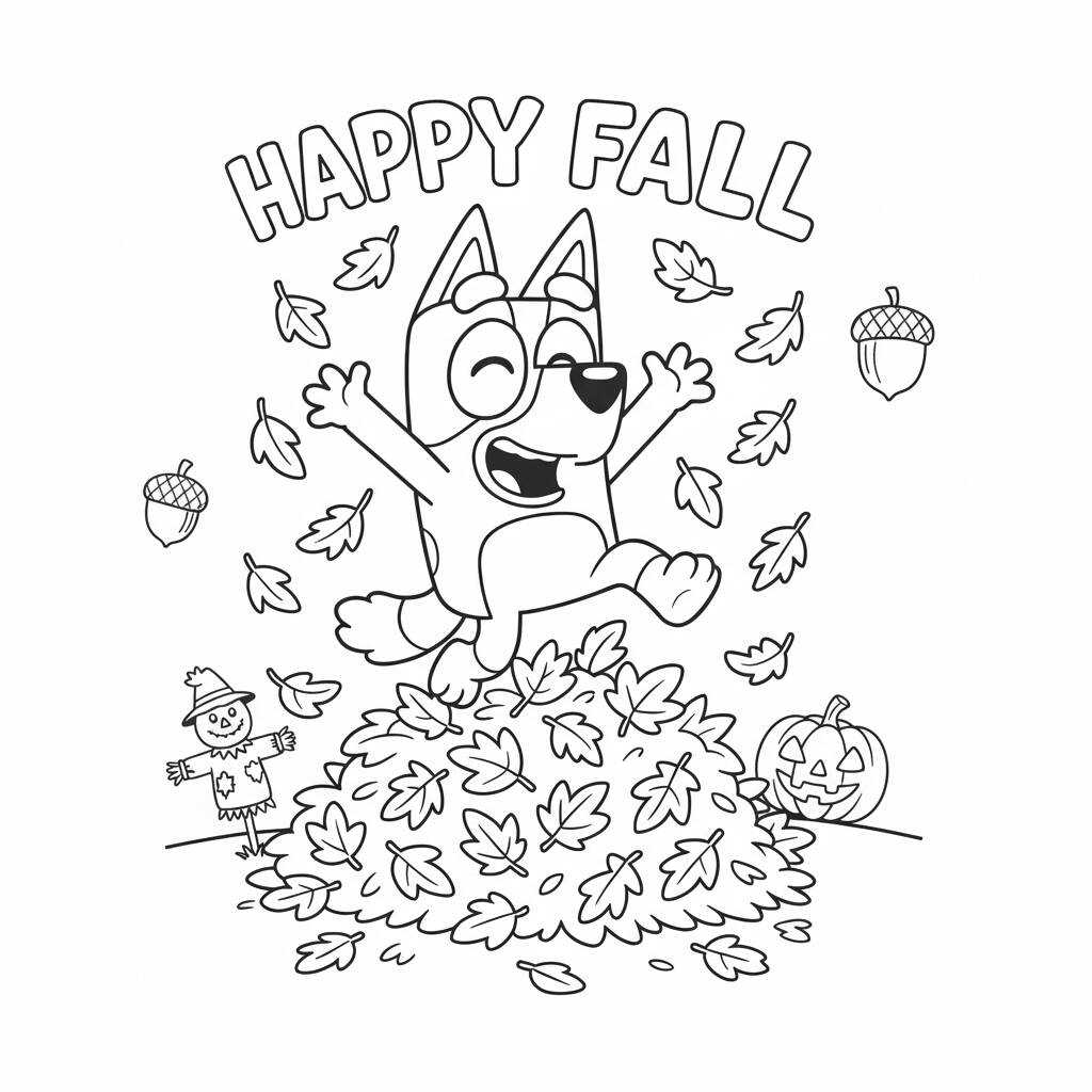 Desenho da Bluey pulando em folhas para colorir