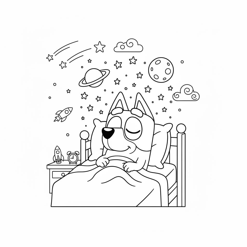 Desenho da Bluey sonhando com estrelas para colorir