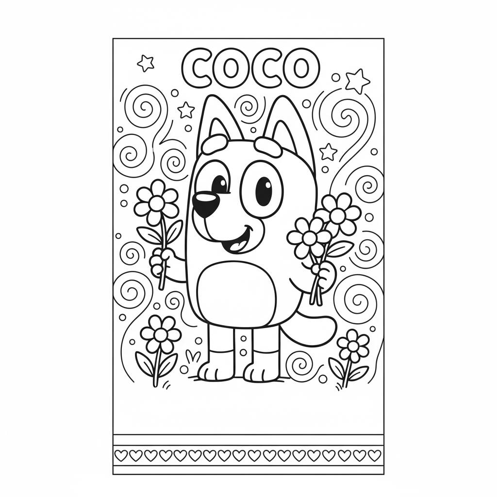 Desenho da Coco do Bluey segurando flores para colorir