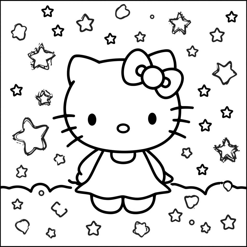 Desenho da Hello Kitty com Estrelas para Colorir