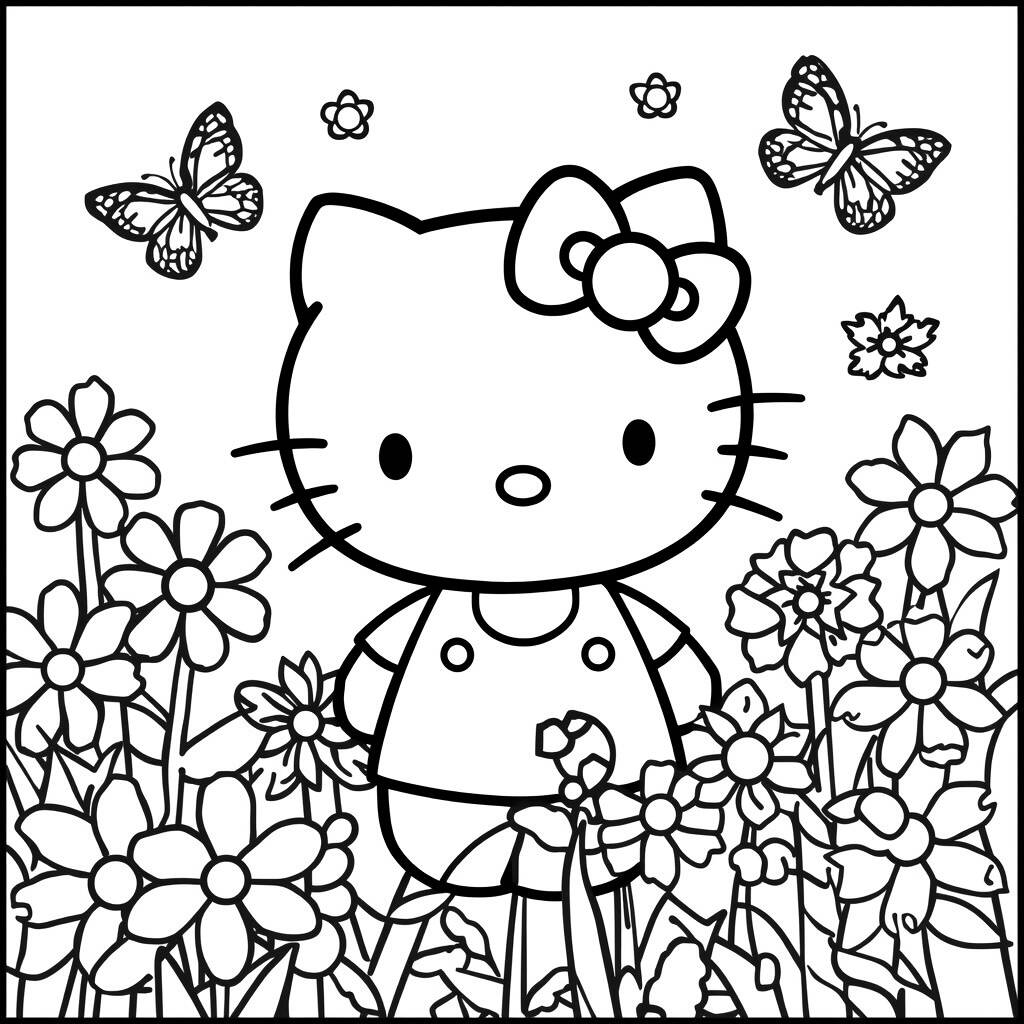 Desenho da Hello Kitty e a Primavera para Colorir
