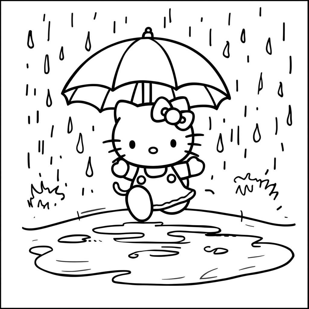 Desenho da Hello Kitty em um Dia de Chuva para Colorir