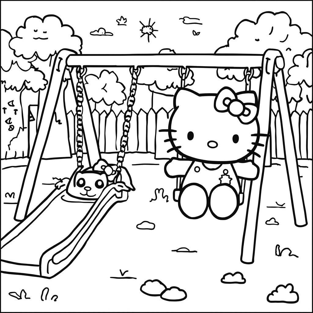 Desenho da Hello Kitty em um Parquinho para Colorir