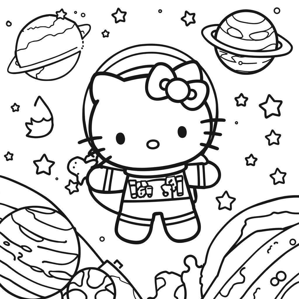Desenho da Hello Kitty em uma Aventura Espacial para Colorir