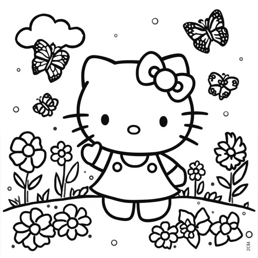 Desenho da Hello Kitty na Primavera para Colorir