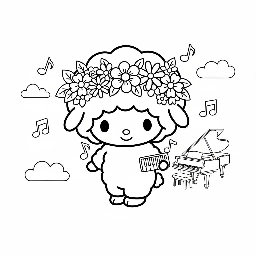 Desenho da Kuromi com ovelha tocando piano para colorir