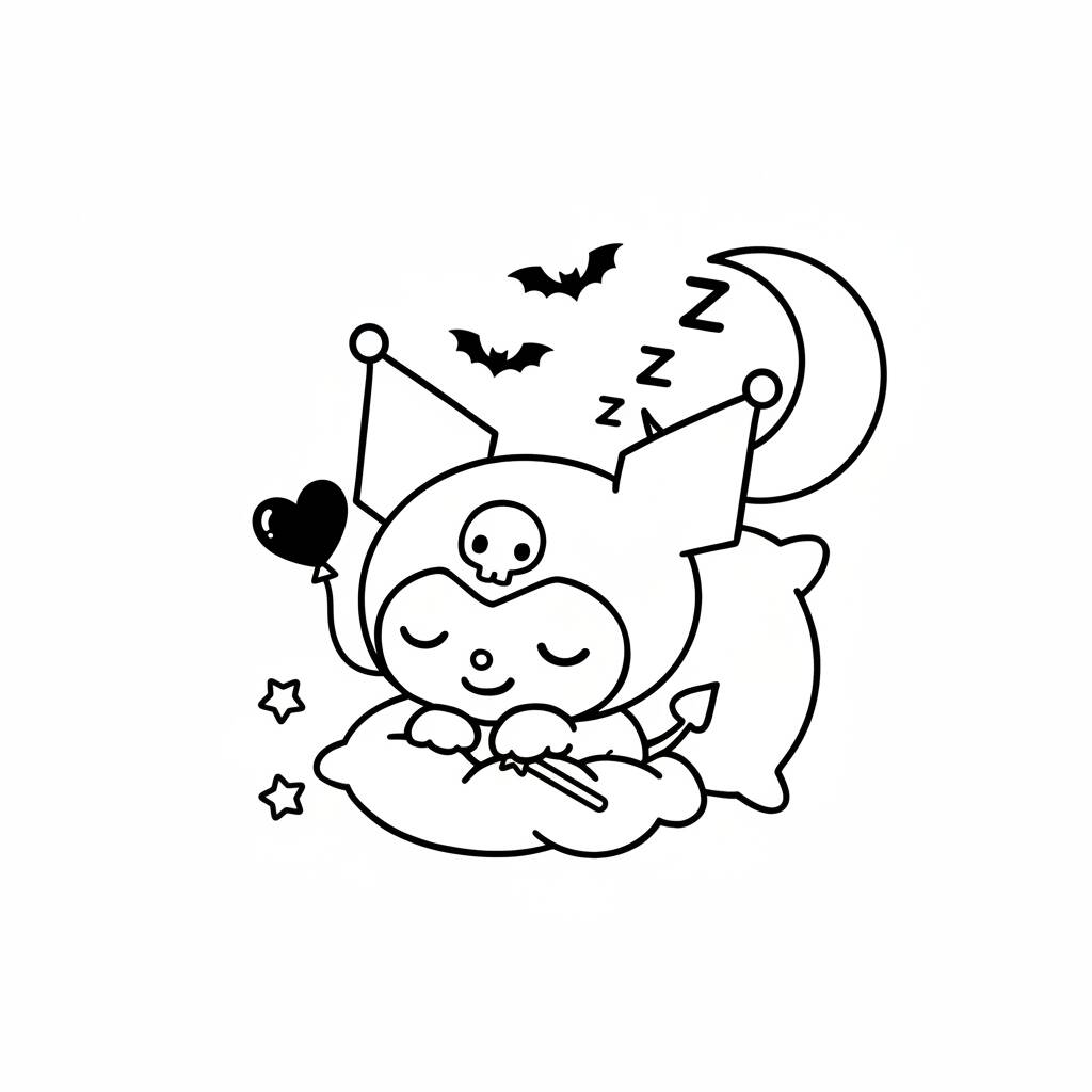 Desenho da Kuromi dormindo em uma nuvem com estrelas e morcegos para colorir