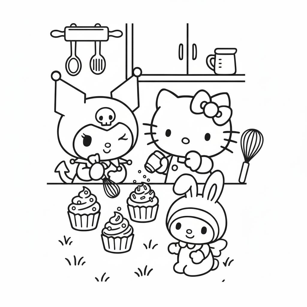 Kuromi and Hello Kitty in the kitchen coloring page