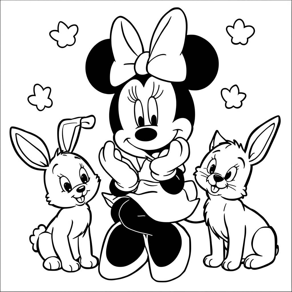 Desenho da Minnie Mouse com Animais para Colorir