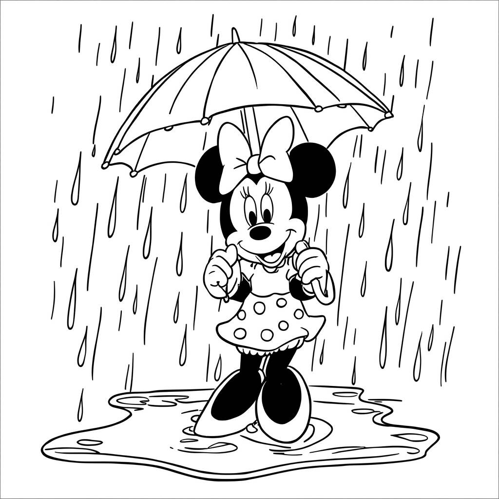 Desenho da Minnie Mouse com um Guarda-chuva para Colorir