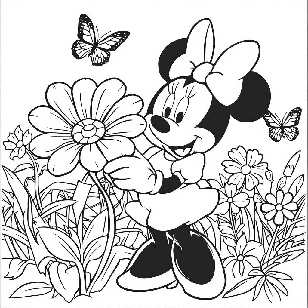 Minnie Mouse with a Flower Coloring Page