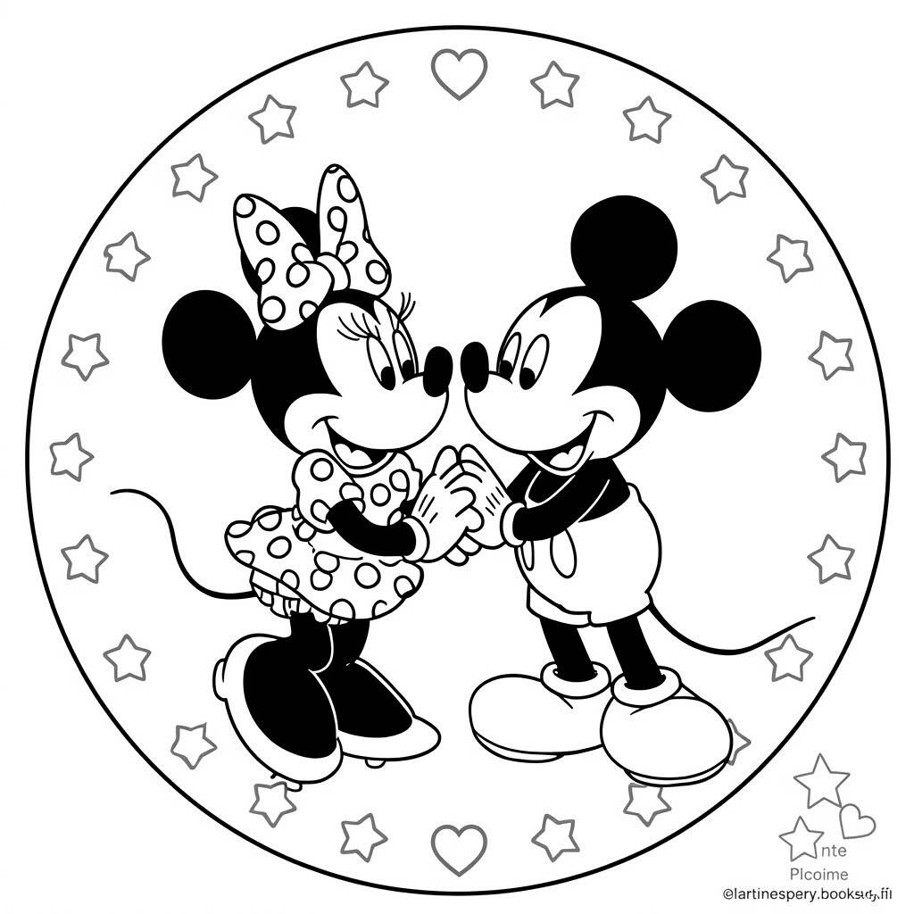 Minnie Mouse and Mickey in a Circle of Love Coloring Page