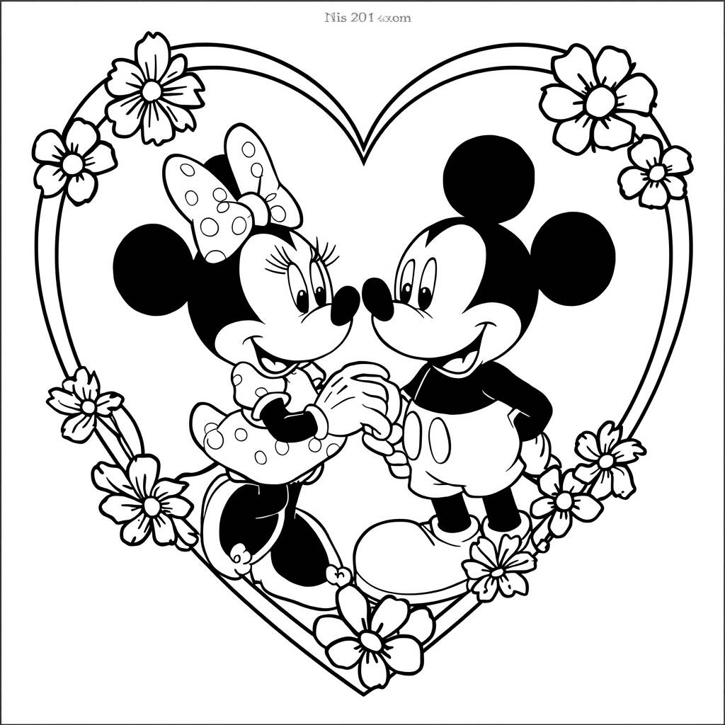 Desenho da Minnie Mouse e Mickey em um Coração para Colorir