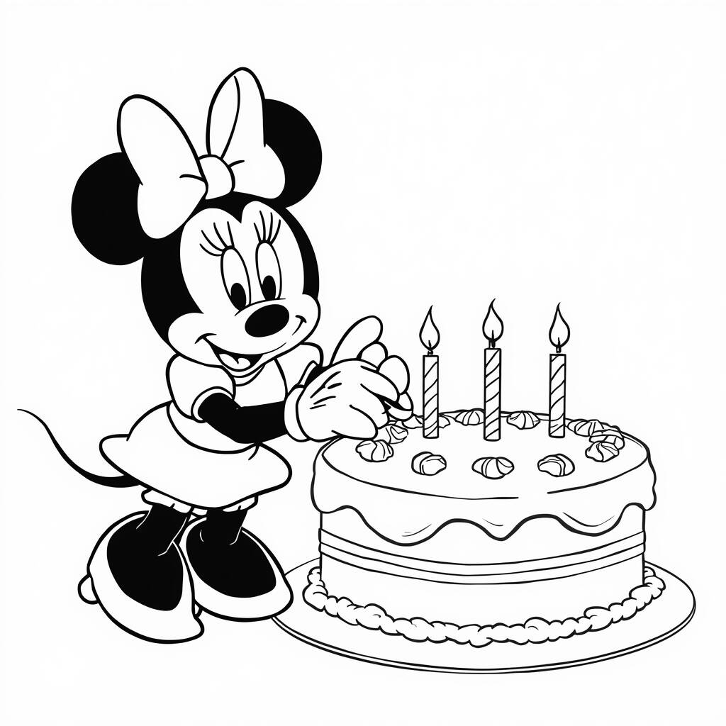 Desenho da Minnie Mouse e um Bolo para Colorir