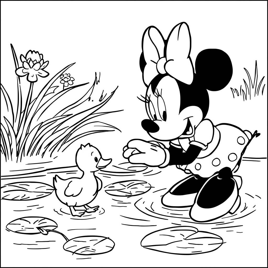 Minnie Mouse and a Duck Coloring Page