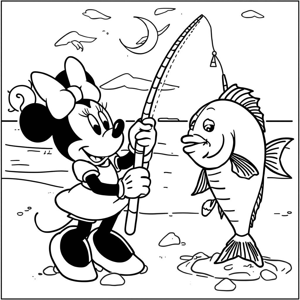 Minnie Mouse and a Fish Coloring Page