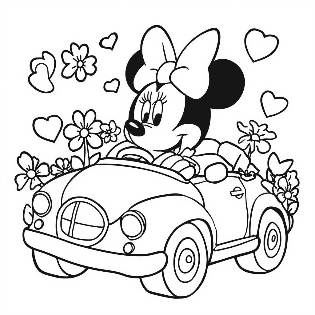 Desenho da Minnie Mouse em um Carro para Colorir