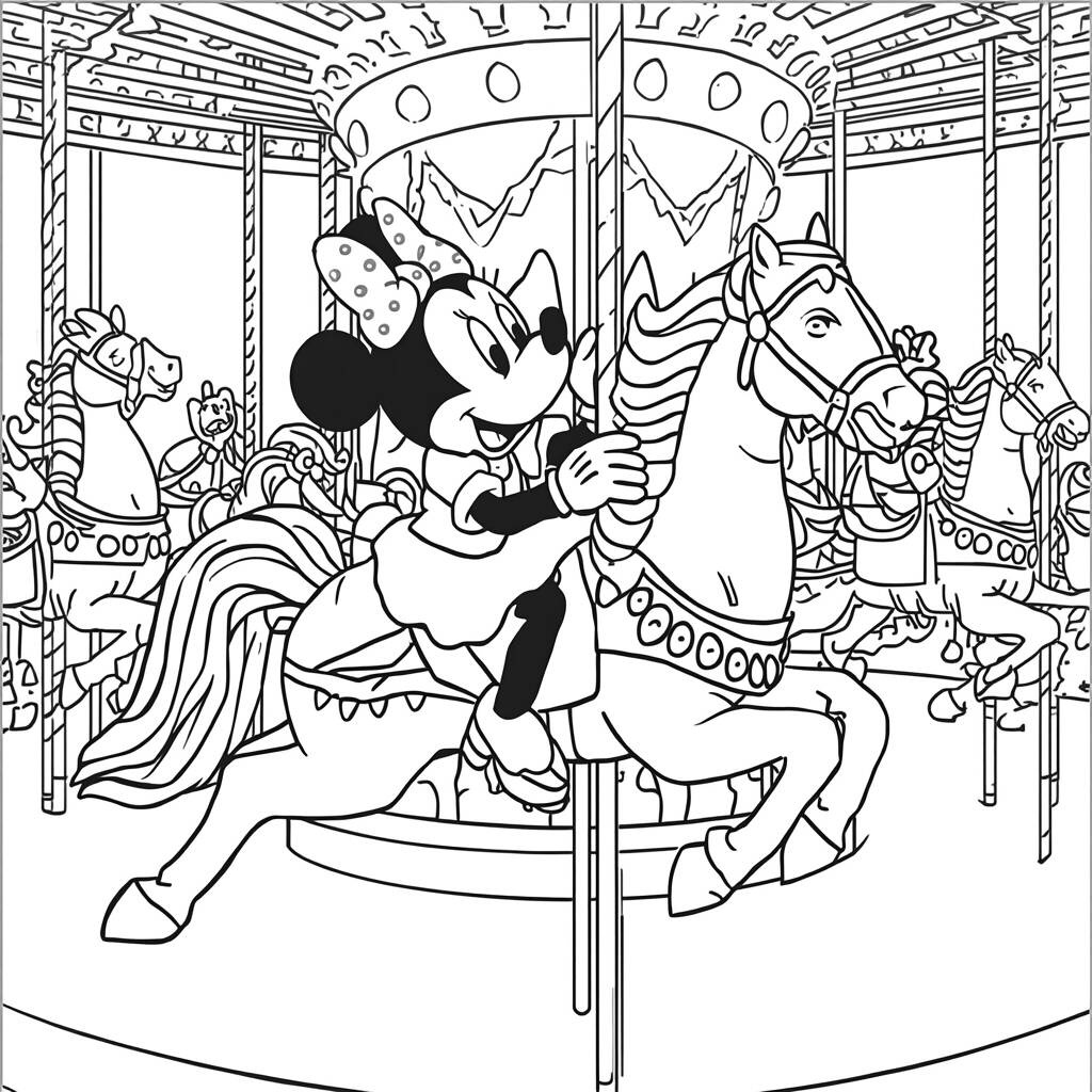 Desenho da Minnie Mouse em um Carrossel para Colorir