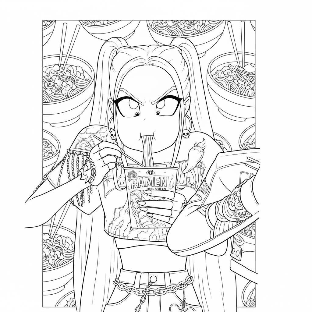 Desenho da Mira comendo ramen para colorir (Guerreiras do K-Pop)