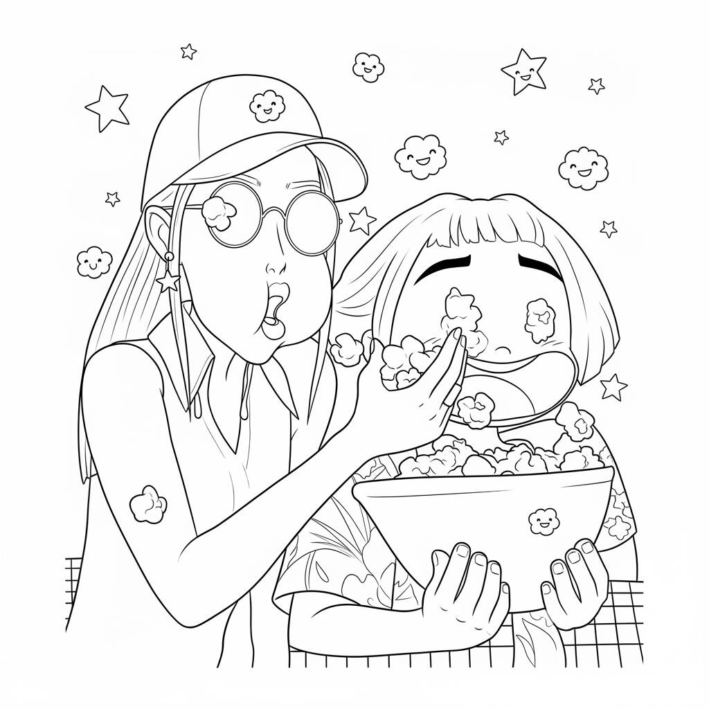 Desenho da Mira se divertindo com pipoca para colorir (Guerreiras do K-Pop)