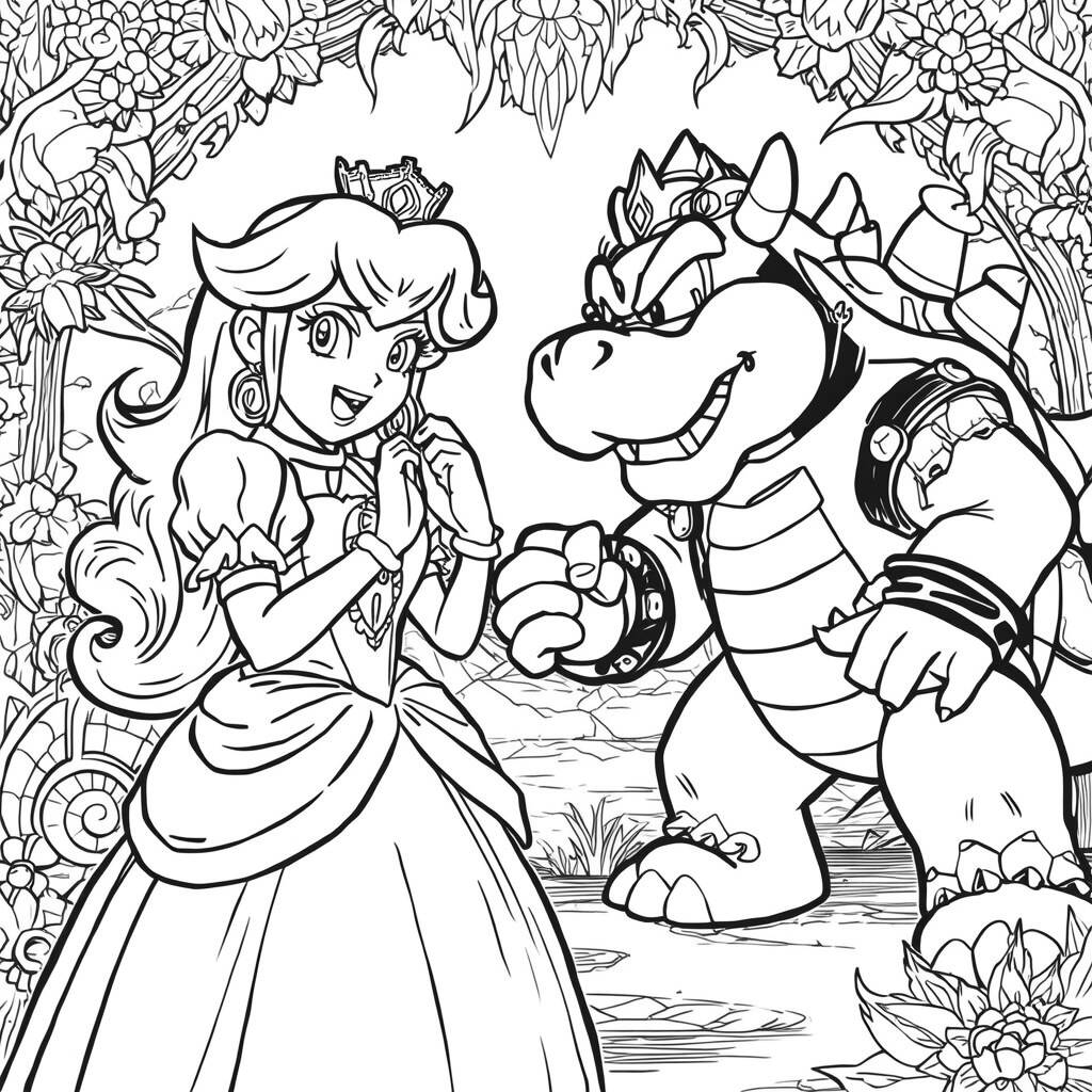 Desenho da Princesa Peach e Bowser para Colorir