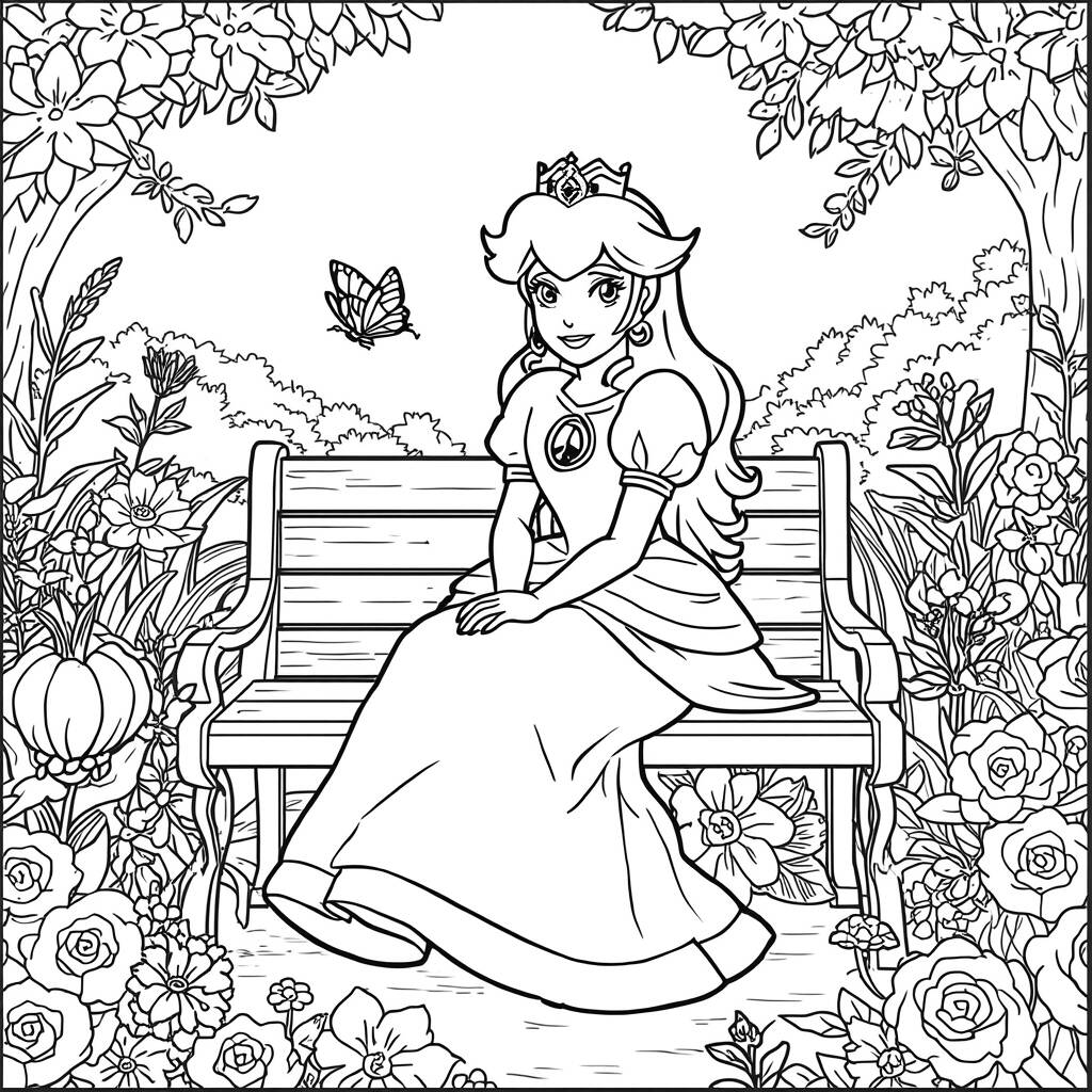 Princess Peach in a Garden Coloring Page