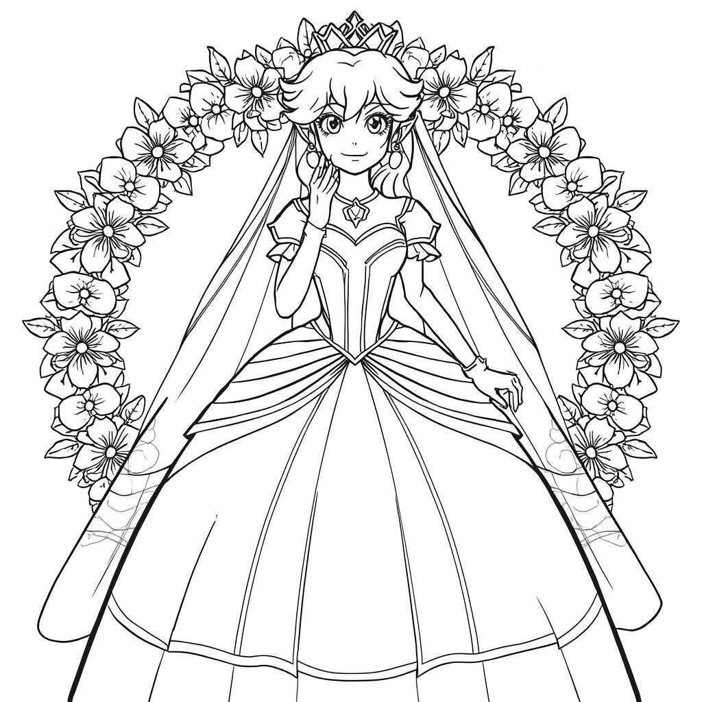 Desenho da Princesa Peach em um Vestido de Casamento para Colorir