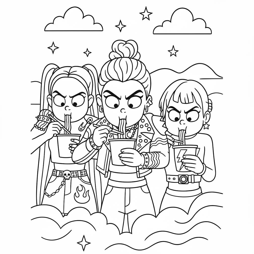 Desenho das Guerreiras do K Pop com Lanches para colorir (Desenho para Colorir)