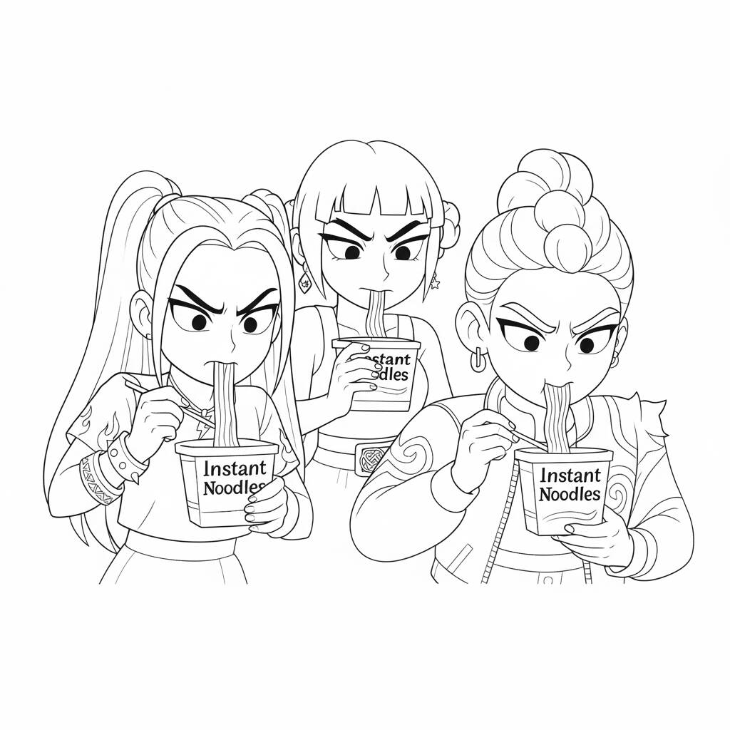 Desenho das Guerreiras do K Pop com Macarrão Instantâneo para colorir (Desenho para Colorir)